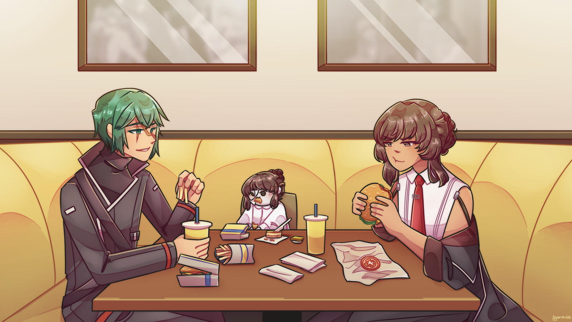 Illustrated scene of two people and a sentient doll eating at a fast food restaurant.