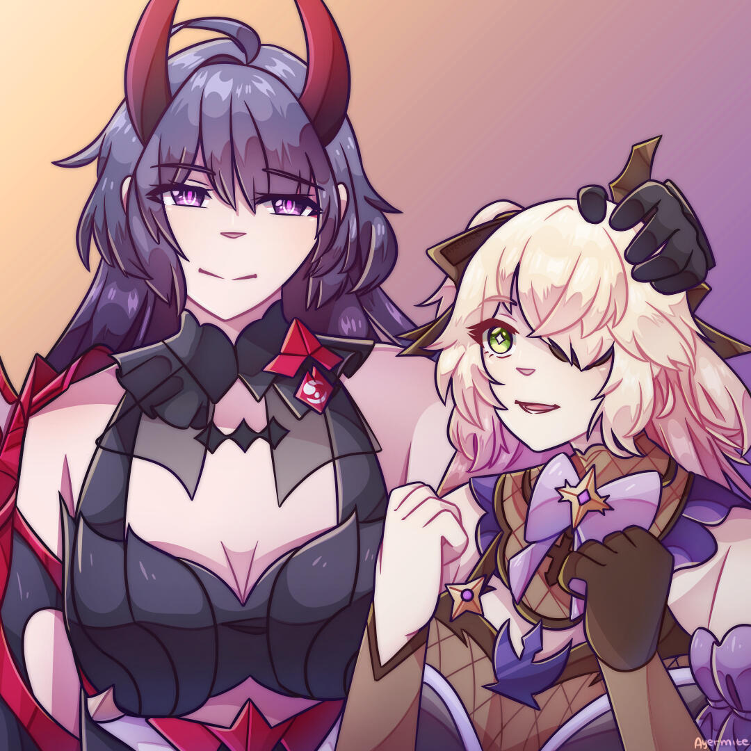 Character illustration of Raiden Mei from Honaki Impact 3rd and Fischl from Genshin Impact.