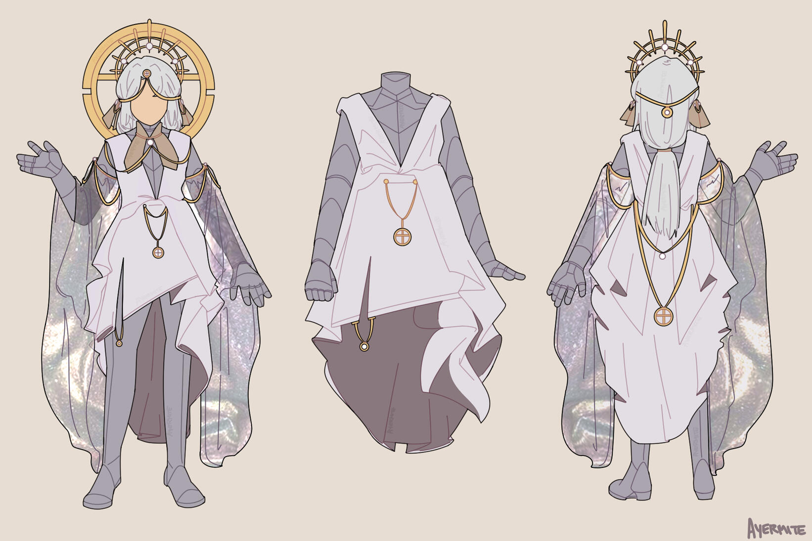 Concept art of an original character featuring the front and back, as well as the dress and armour without the accessories.