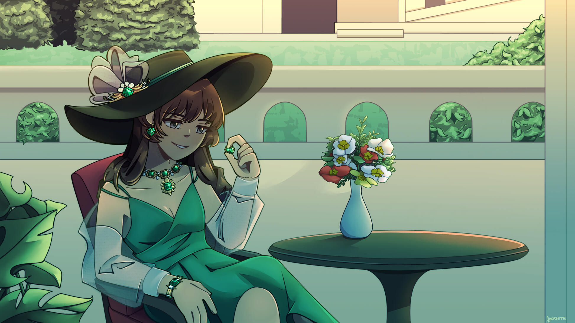 Illustrated scene of a well-dressed woman relaxing at a terrace, inspecting an emerald.