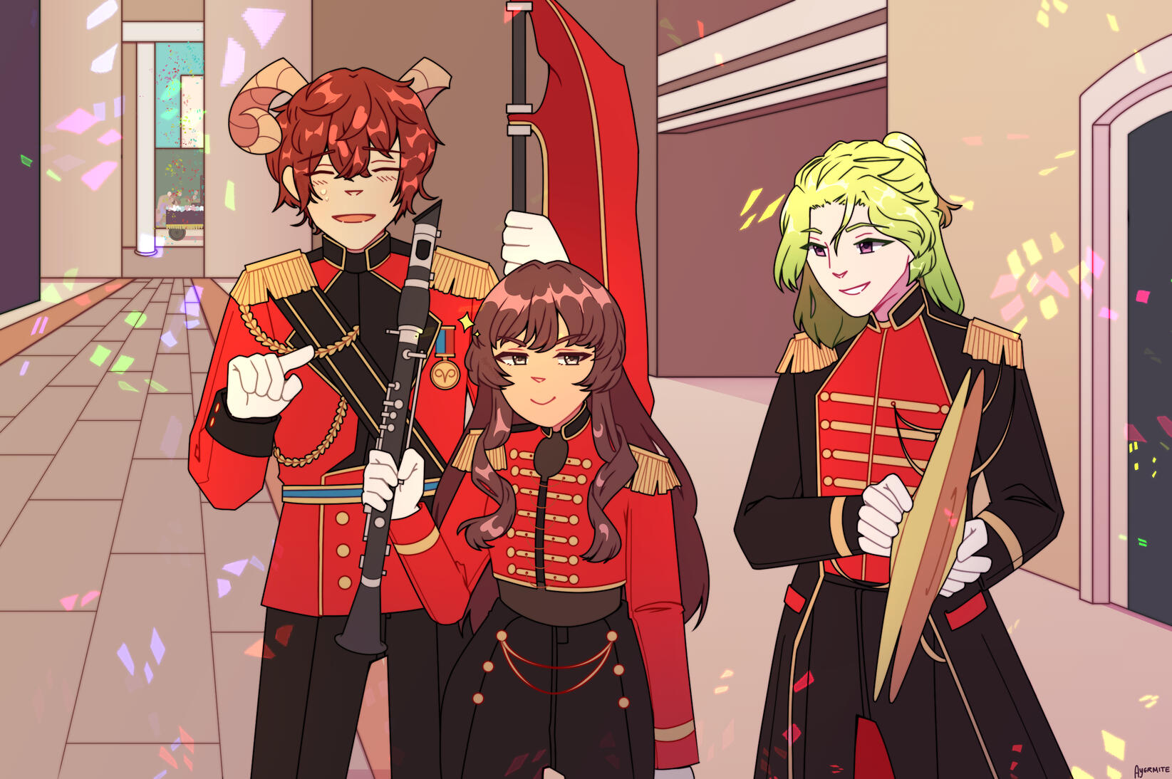 Illustrated scene of original characters participating at a parade. One is holding a flag, another is holding a clarinet, and one is holding a pair of cymbals.