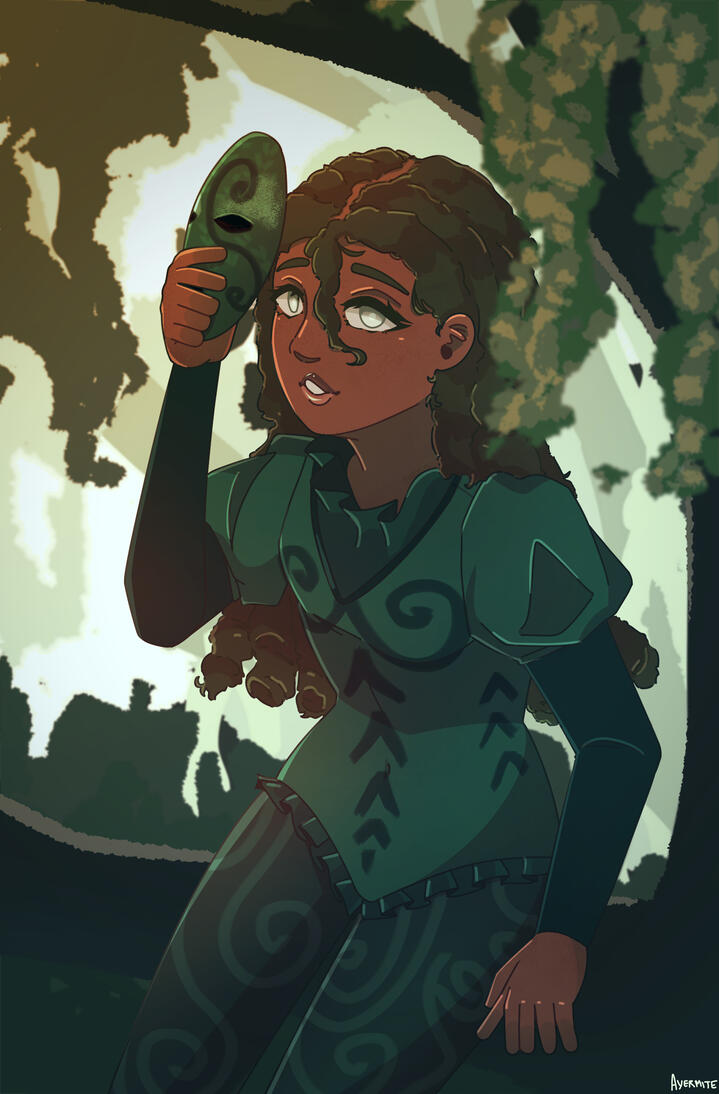 Illustrated scene of an original character sitting on a tree branch in a forested area, holding a mask.