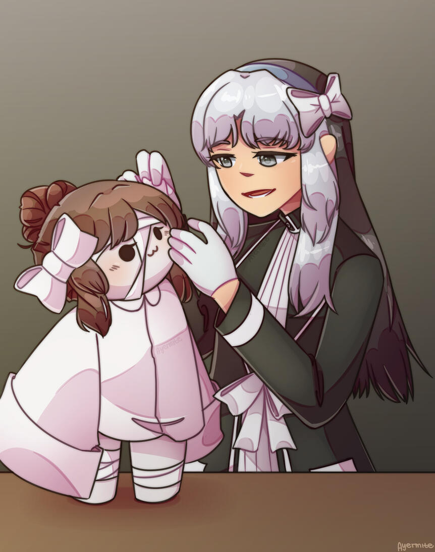 Illustration of a Project Moon original character interacting with a Lobotomy Corporation abnormality original character.