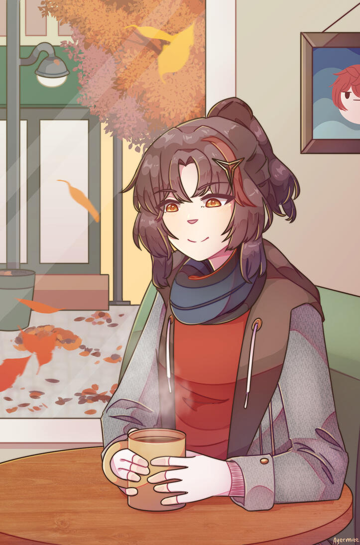 Illustration of Adin from Epic Seven enjoying a hot drink in a cafe during the autumn season.