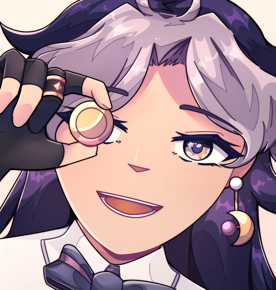 Artwork of Aya's persona smiling close up, holding a coin to her eye where her monocle would be.