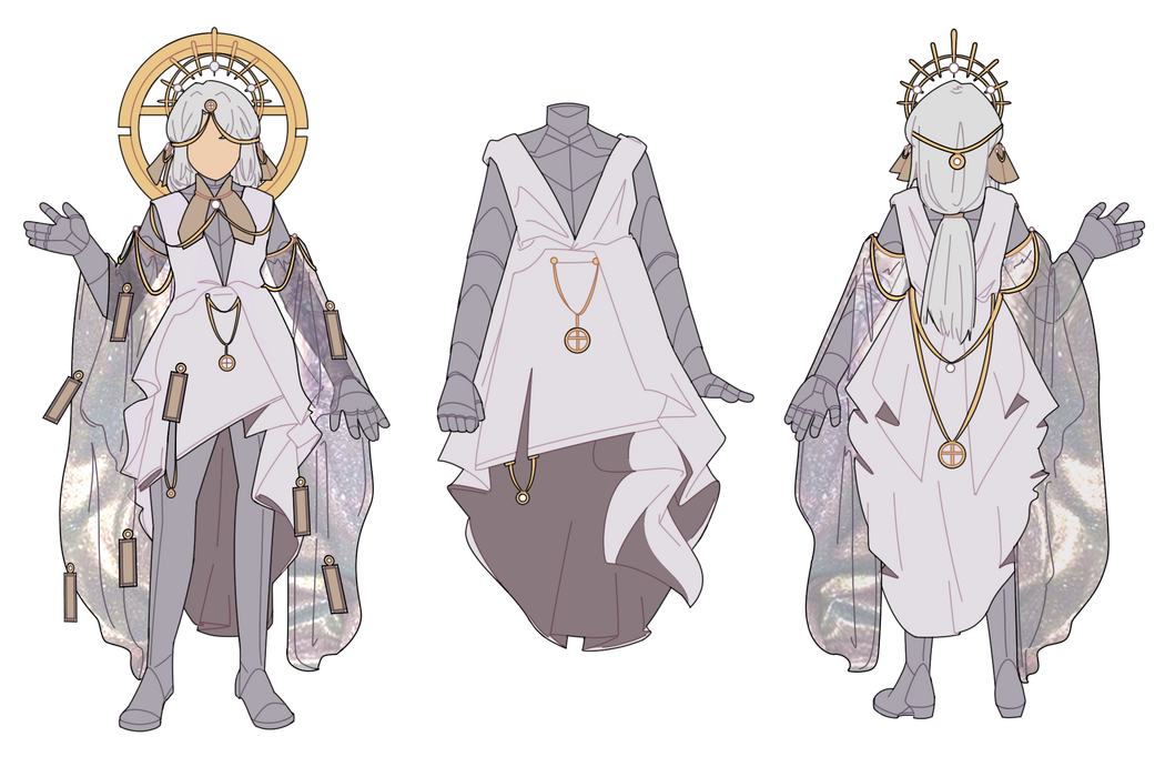 Concept art of an original character featuring the front and back, as well as the dress and armour without the accessories.